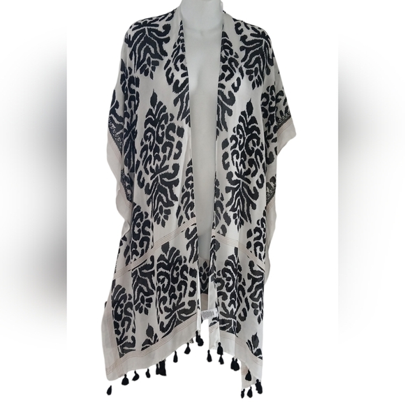 Nordstrom Duster Kimono Longline Tassels Open Front Black & White Boho - Picture 2 of 14